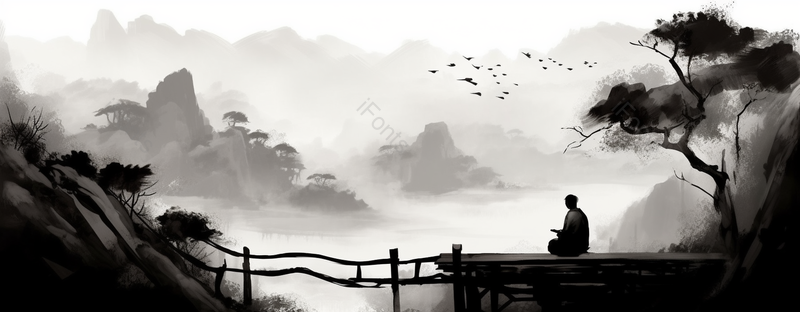 一个人盘着腿在打坐中国风山水水墨画背景,插画/手绘图,插画/手绘图库,插画/手绘图下载,插画/手绘